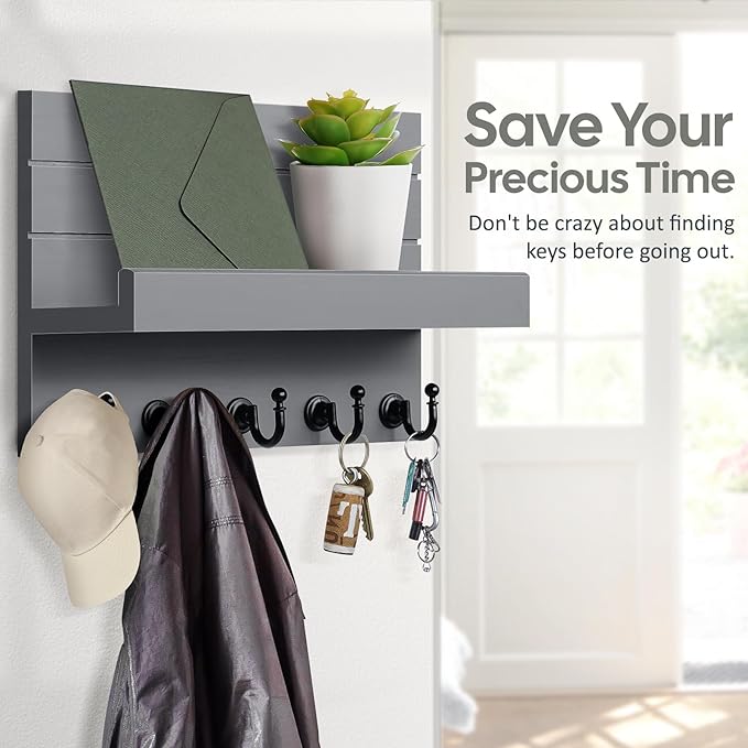 HONJIN Key and Mail Holder for Wall: Rustic Key Hanger Key Rack Organizer with 5 Sturdy Key Hooks for Entryway Bedroom Kitchen House Decor (Grey)