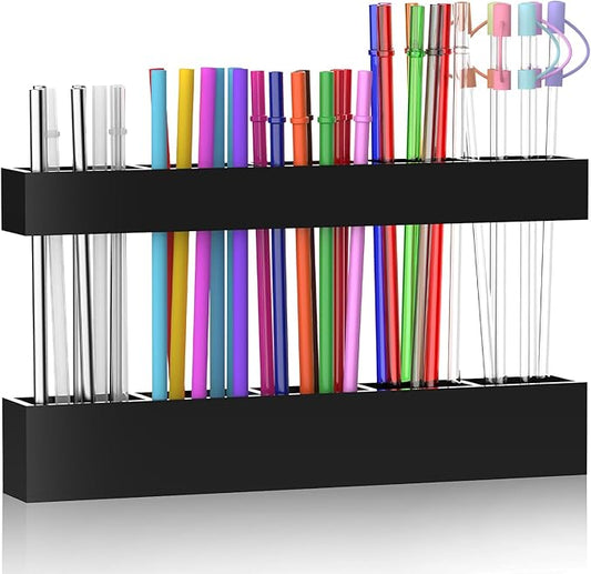 9.5” Large Acrylic Straw Holder for Cabinet Door, Reusable Adjustable Two-Part Straws Organizer with Ultra Sticky Adhesive Strips, 2026 Straw Storage for Kitchen Cupboard