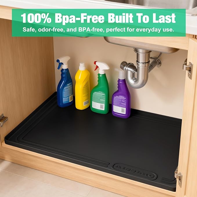 Aisslro Under Sink Mat 22" X 19", Waterproof Silicone Cabinet Protector with Raised Edge, Kitchen & Bathroom Leak Tray, Shelf Liner & Pet Feeding Mat for Dog Cat Food Mats, Black
