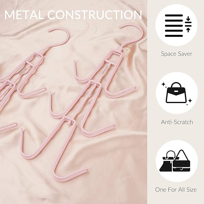 ZEDODIER Purse Organizer for Closet, Heavy-Duty Hanging Purse Hanger Closet Holds Up to 6 Purses, Metal Rotating Space Saving Bag Holder Handbag Storage Hook Backpack Rack, Pink