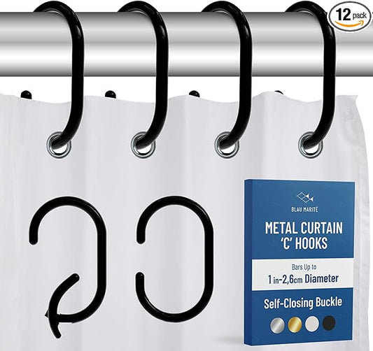 12 Metal Shower Curtain Hooks, Rust-Proof Decorative C-Shaped Curtain Hooks for Bathroom, Black Shower Curtain Rings, Fits Rods Up to 1 Inch (C, Black)