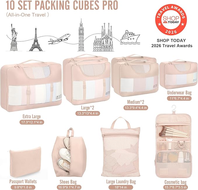 Veken 10 Set Packing Cubes for Travel, Beach Vacation Essentials Accessories for Cruise Ship, Suitcase Organizer Bags for Luggage with Shoes Bag & Shoe Bag, Birthday Gifts for Women Mom Her