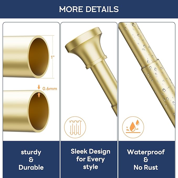 Adjustable Shower Curtain Rod 31-80 Inch, Never Rust Stainless Steel Gold Tension Rod, 1" Heavy Duty No-Drill for Bathroom, Kitchen & Closet