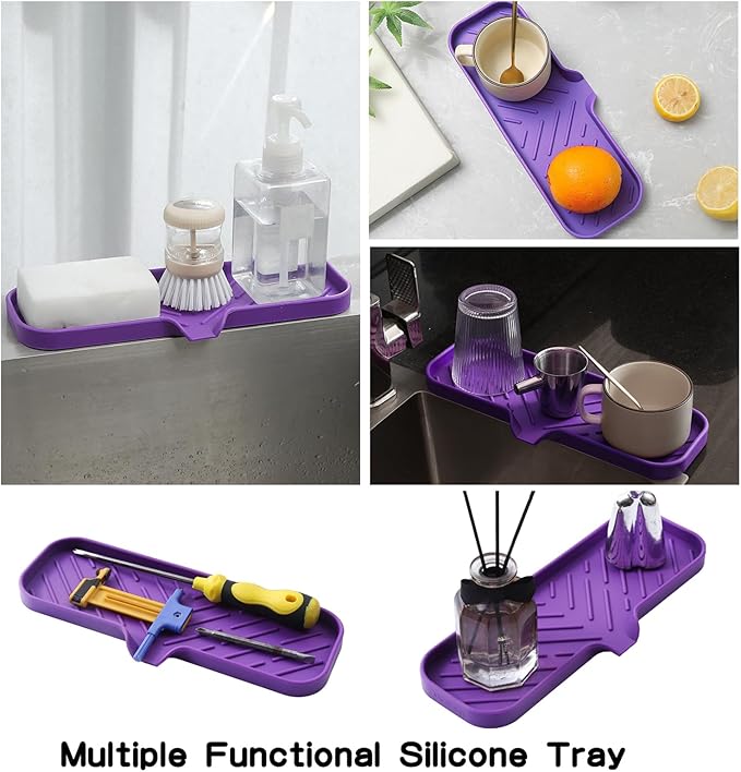 MicoYang Silicone Soap Dish with Drain Spout — Self-Draining Double Sink Organizer Tray for Kitchen & Bathroom, Dispensers, Sponges & Soap Holder, Non-Slip & Dishwasher Safe, Purple (Large, 12"×4")