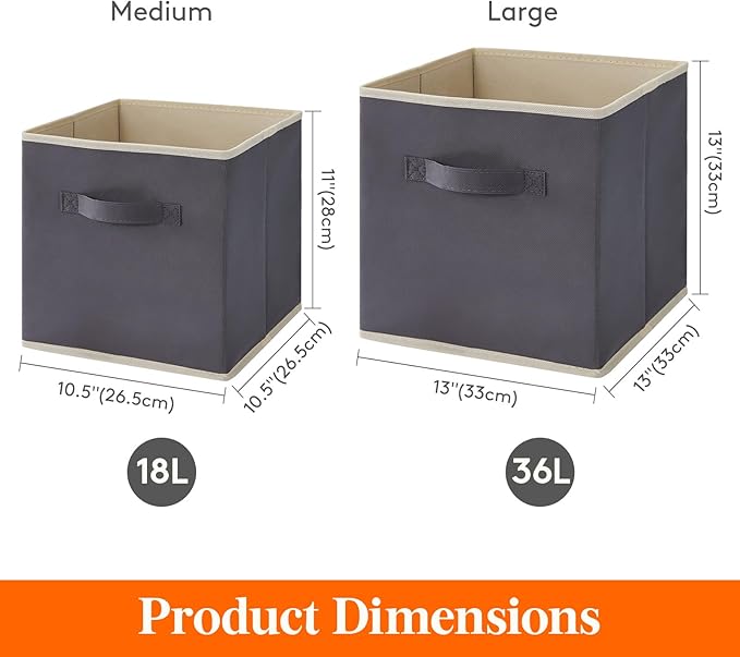 Lifewit Storage Cubes, Foldable Decorative Fabric Storage Baskets for Organizing Home Organizers with Handles for Shelves, Closet, 13 Inch Bins, 36L Gray, 12 Packs