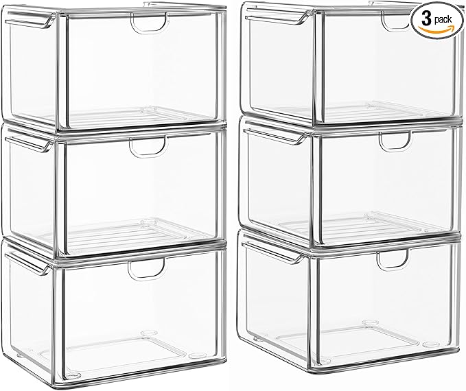 6 Pack Small Stackable Stroage Drawers, Acrylic Bathroom Makeup Organizer, Plastic Storage Bins for Vanity, Undersink, Kitchen Cabinets, Pantry, Home Organization