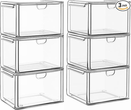 6 Pack Small Stackable Stroage Drawers, Acrylic Bathroom Makeup Organizer, Plastic Storage Bins for Vanity, Undersink, Kitchen Cabinets, Pantry, Home Organization
