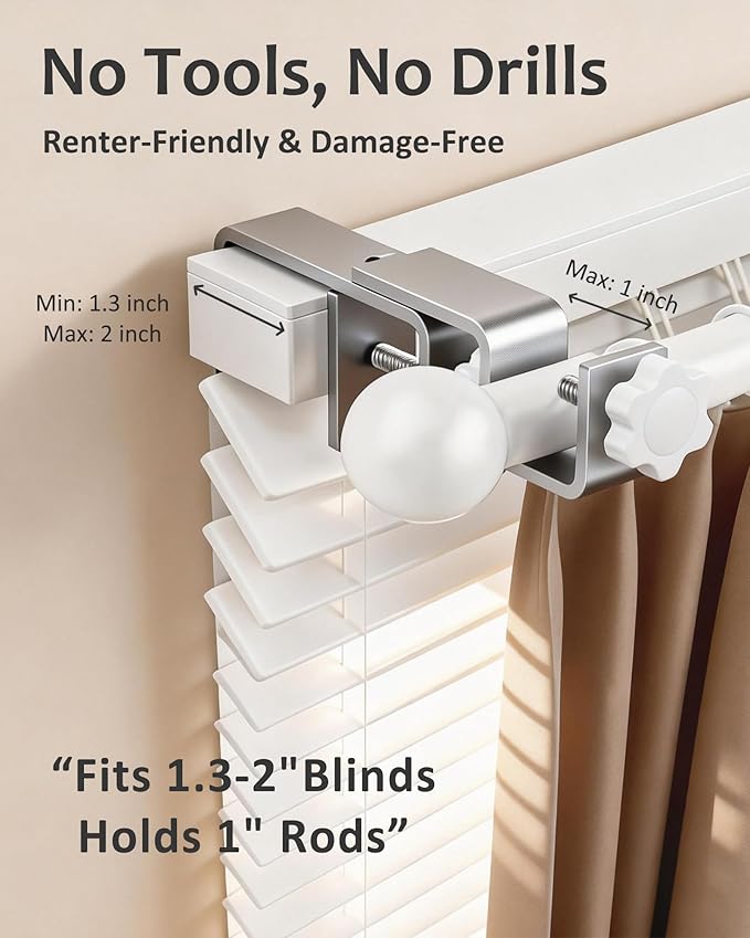 Mimiio No Drill Curtain Rod Brackets for Outside-Mount Blinds, Tool-Free Over-Blind Curtain Rod Holders, Fits 1-2" Rectangular Headrails, No Wall Damage, Renter Friendly Window Hardware, 3 Pack,Silver
