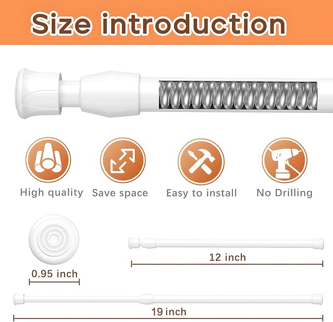 AIZESI 2PCS White Tension Rod 12 to 19 Inch, Mini Tension Rod DIY Curtain Rod Adjustable Short Spring Rods for Small Windows Kitchen