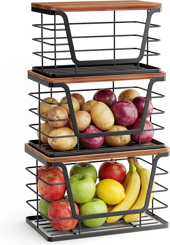 ALOCEO 3 Pack Stackable Storage Bins with Lids, Stainless Steel Trash Bag Dispenser Roll Holder for for Kitchen Sink, Laundry, Pantry Organizer and Storage, Walnut Black