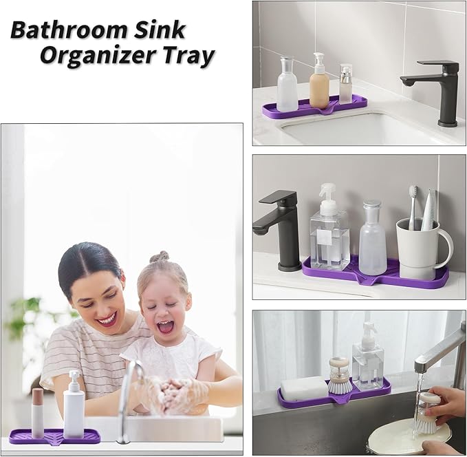 MicoYang Silicone Soap Dish with Drain Spout — Self-Draining Double Sink Organizer Tray for Kitchen & Bathroom, Dispensers, Sponges & Soap Holder, Non-Slip & Dishwasher Safe, Purple (Large, 12"×4")