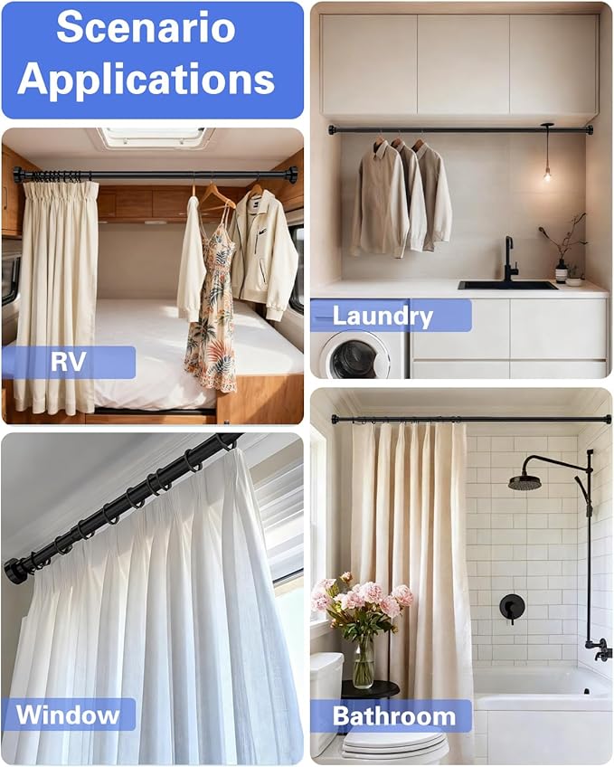 Supforce No Drilling Closet Rods for Hanging Clothes, Non Slip Tension Rod with Heavy Duty Clothes Hanging Rod, 17-39 Inches Adjustable Spring Closet Rod for Closet Wardrobe Bathroom Laundry RV, Black