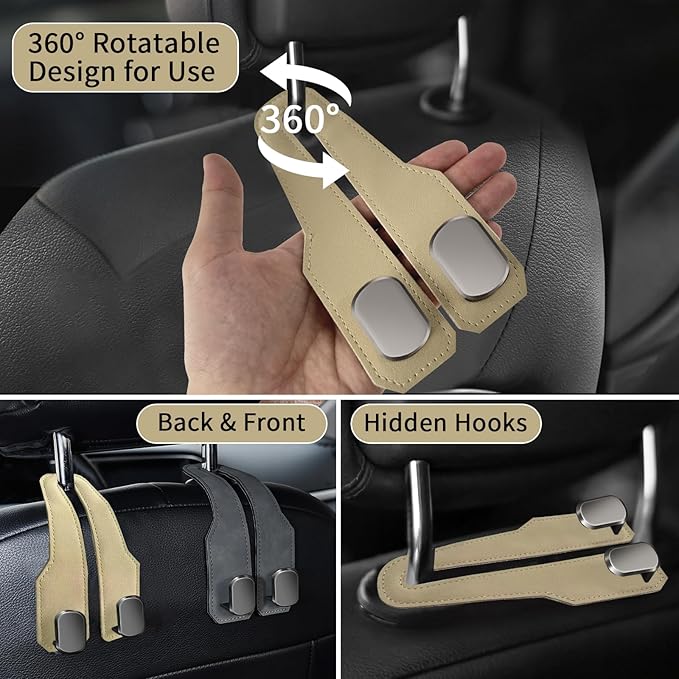 Car Seat Headrest Hooks for Purses and Bags, 2 Pack Bag Purse Holder for Car with Double Metal Hooks, Car Purse Hanger, Headrest Back Seat Handbags Hook Cute Hanging Accessories, Beige