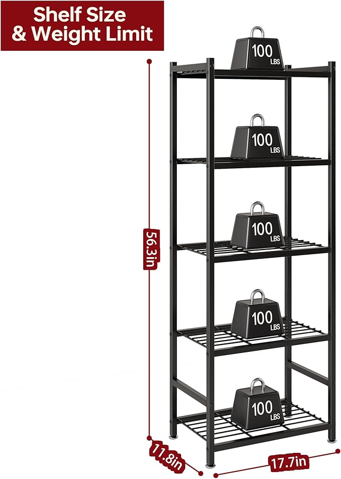 Storage Shelves, 5-Tier Metal Shelving Unit with Adjustable Feet, Compact Shelf Organizer for Garage, Kitchen, Pantry and Closet Organization,17.7" x 11.8" x 56.3", Black