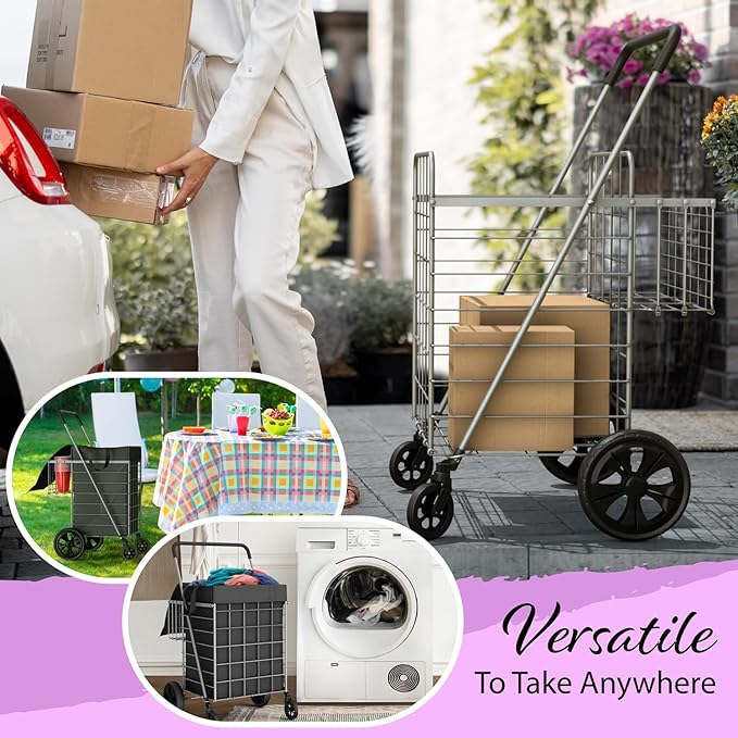 Our Modern Space Shopping Cart w/Waterproof Basket Liner & 360° Swivel Wheels | Foldable Collapsible & Lightweight | Perfect for Groceries Laundry Utility Cart - Silver