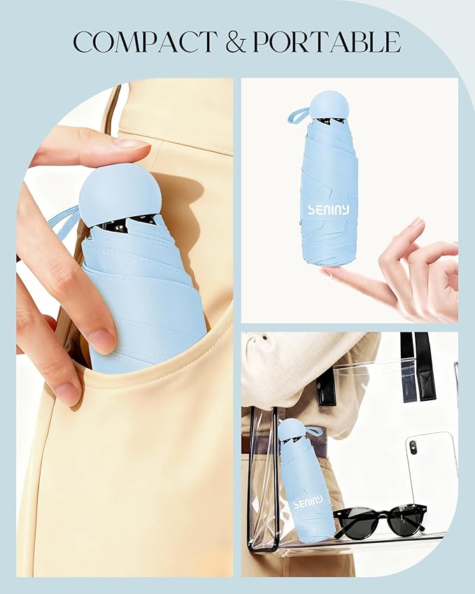 Seniny Mini Portable Travel Umbrella with Case - Compact Umbrellas for Rain & Sun UV Protection for Backpack Pocket, Lightweight Folding Small Umbrella, Tiny Purse Size UV Blocker for Kids Women Girls