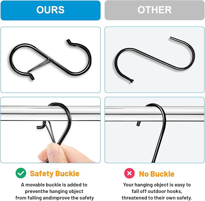 FSAH 17 Pcs S Hooks for Hanging Safety Buckle, 3.5 Inch Stainless Steel S Shaped Locking Hooks for Colleague Dorm, Kitchen, Plants Pots Towels Bags, Black