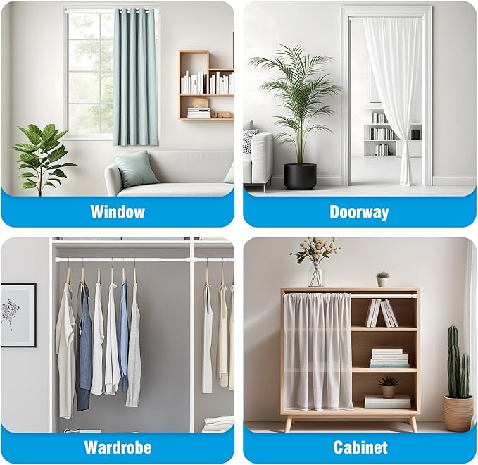AIZESI 2 Pack Spring Tension Curtain Rod 32 to 58 inch Adjustable Curtain Rods No Drilling Expandable Spring Loaded Curtain Rod for Windows Doors Kitchen Curtains, White