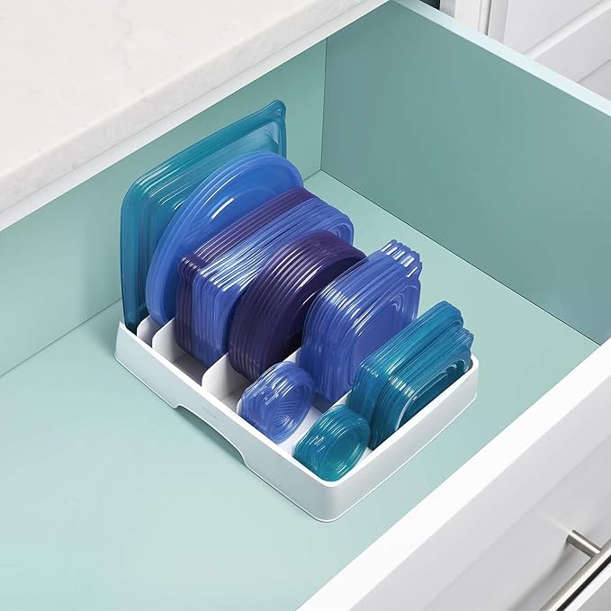 YouCopia StoraLid Food Container Lid Organizer for Kitchen Cabinet Storage with 5 Adjustable Dividers, 10.5''D × 13.4''W × 3.3''H, Large Classic Edition, White (Pack of 6)