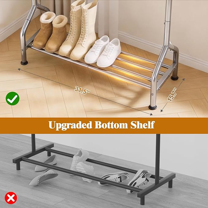 EAGMAK Sturdy Clothing Racks with Shelf, Metal Clothes Rack with Leveling Feet for Hanging Clothes, Freestanding Garment Coat Rack for Bedroom, Apartment & Small Spaces, Silver