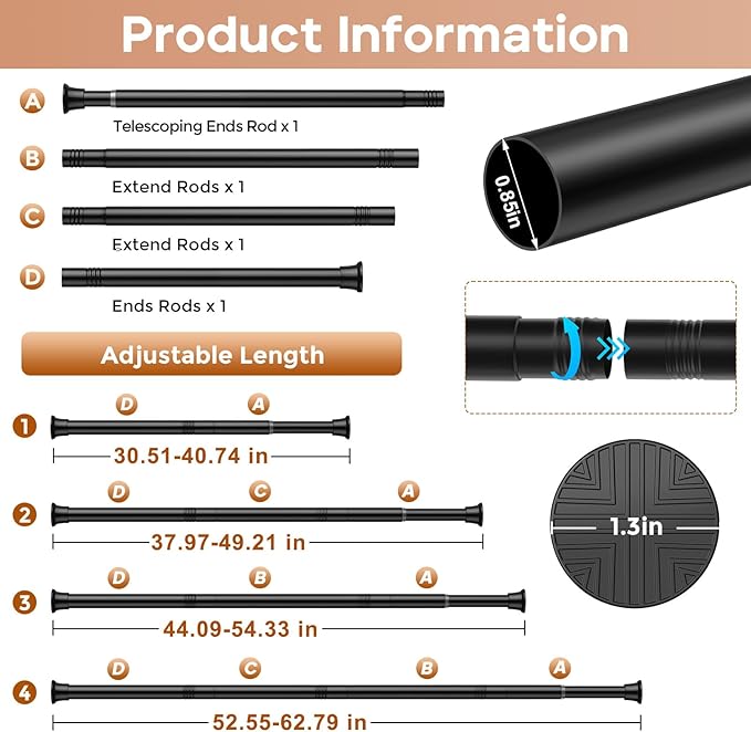 2 Pack Black Spring Tension Curtain Rods 30 to 63 Inch Adjustable Expandable Spring Loaded Curtain Rods No Drilling Suitable for Small Short Tension Rods 33-59 Inch Doors, Windows, Closet