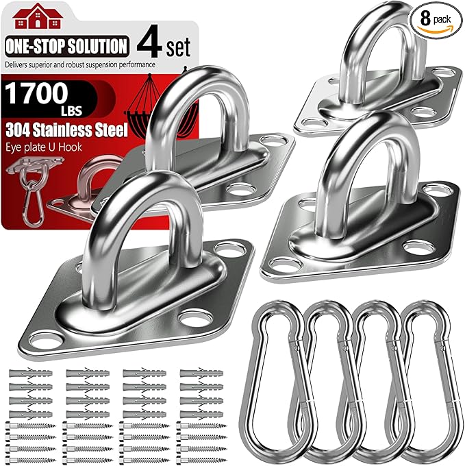 sprookber 304 Stainless Steel Pad Eye Snap Hooks, M10 Heavy Duty Ceiling Hook, 1700lb Capacity Hammock Swing Hanging kit, Plant Hangers, Marine Hardware Staple Hook Loop with Screws, Set of 8