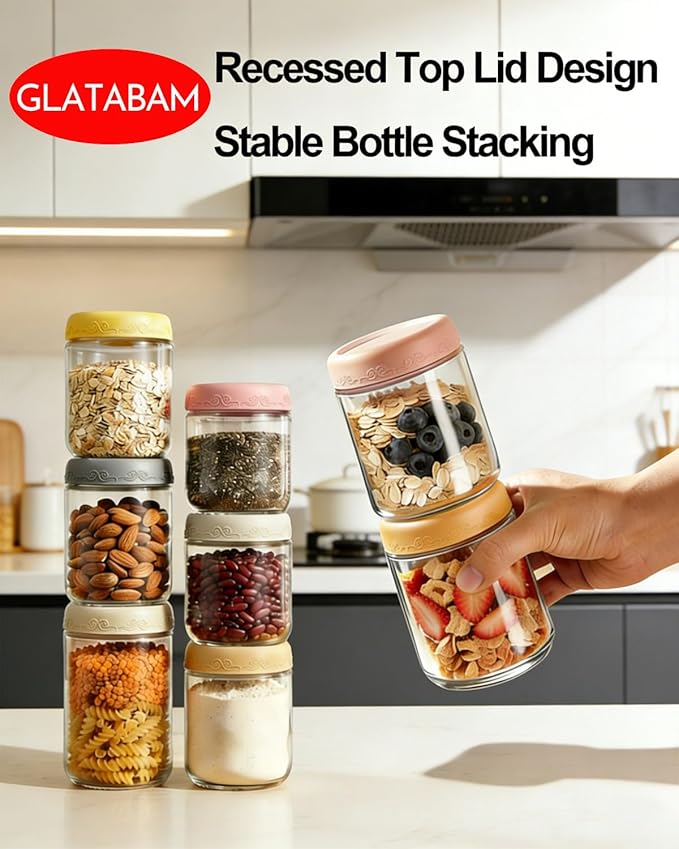 16 OZ 4Pack, Overnight Oats Jars with Lids, Glass Meal Prep Containers, Airtight Mason Jars for Breakfast, Yogurt Parfait, Salad & Smoothies, Leakproof and Reusable Food Storage Jars(4-2)