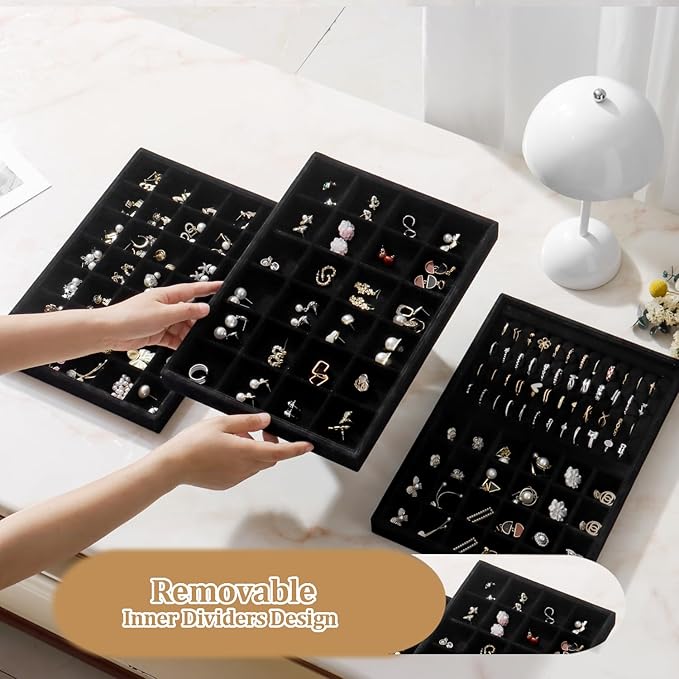 Large Velvet Jewelry Tray 2 Pack Stackable Jewelry Display Drawer Inserts Trays Organizer for Earring Bracelet Necklace Ring (Black, 24 Grids)