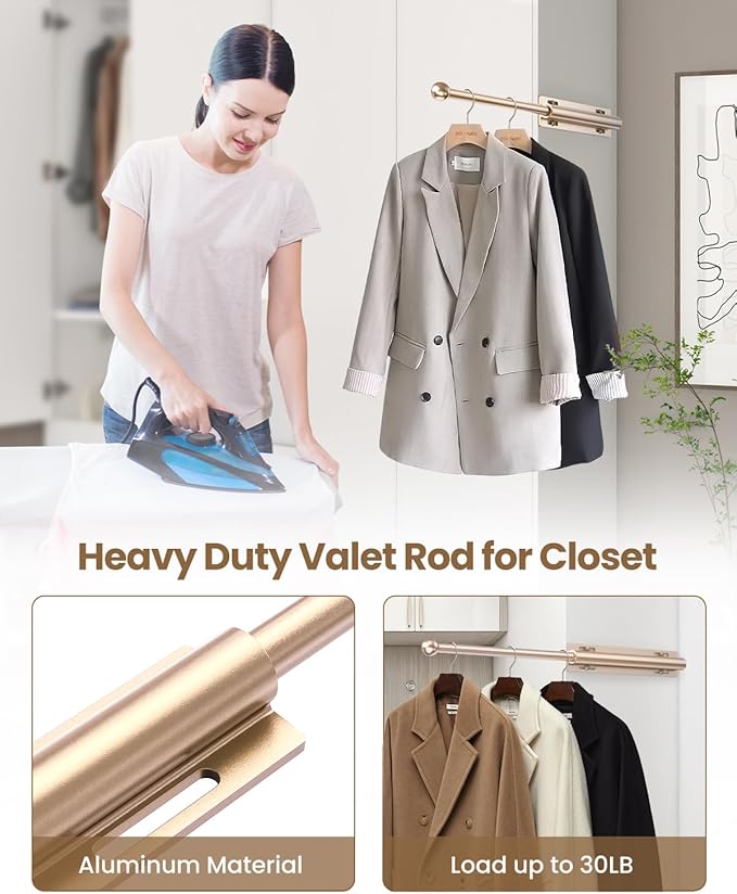 16.5" Valet Rod for Closet Pull Out, Retractable Slide Out Valet Rod Closet Organization, Aluminum Valet Clothing Hanger Rods Perfect for Suits, Dresses & Freshly Pressed Clothes, Gold
