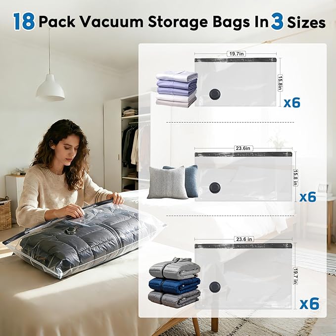Mapambo Travel Vacuum Bags with -60000Pa LED Electric Pump, 18 Pack Vacuum Seal Bags for Clothing Travel in 3 Combo sizes, Space Saver Vacuum Storage Bags, Saving up to 80% of Space (18 Combo)