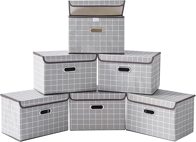STOREONE Fabric Storage Cube Bins Foldable Organizer Container Collapsible Basket with Lids and Metal Handles, for Home, Bedroom, Closet 6 Pcs (Grey grid)