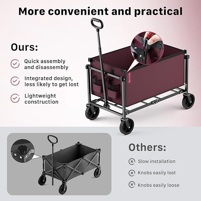 29.3" Collapsible Wagon Cart, 150L Heavy Duty Folding Utility Wagon with Wheels, 260 lbs Load, Portable Rolling Cart for Garden, Shopping, Sports, Camping, WineRed