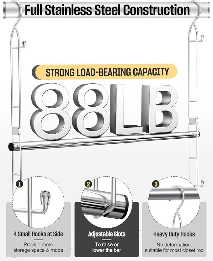 Hanging Closet Rod Stainless Steel, 1 Pack Adjustable Height & Width Closet Rod Extender, Space-Saving Closet Hanging Storage Organizer，Load up to 88LB