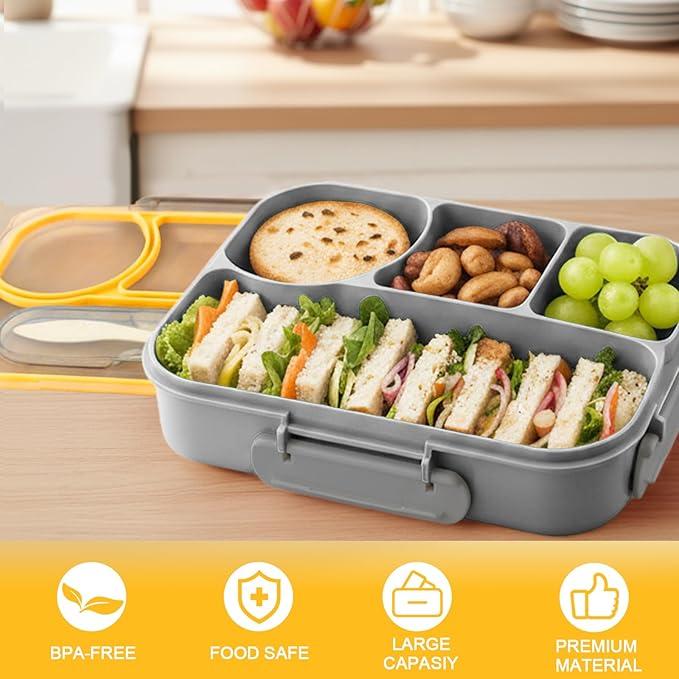 Bento Box for Adults,4 Compartments Lunch Box, Snack Containers Reusable Lunch Containers Drop-Proof, Dishwasher Safe & Made with BPA-Free Materials, Grey