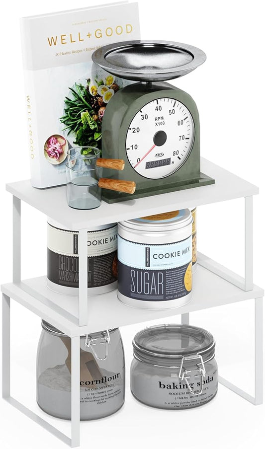 Furinno RAVEL Kitchen Countertop Organizer Set of 2, Counter Shelves, Kitchen Storage, Expandable, Stackable, Spice Rack, for Kitchen, Pantry, Coffee Bar, White