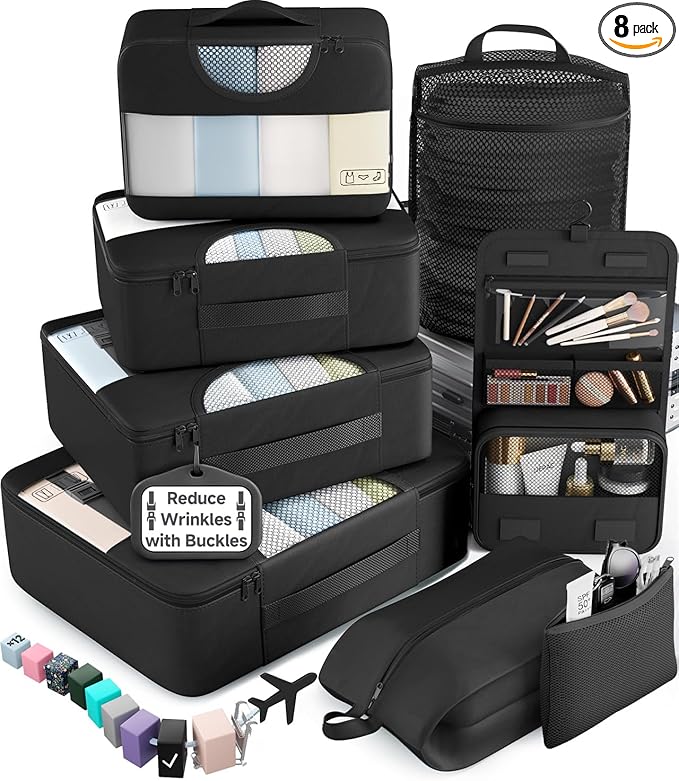 Veken 10 Set/8 Set Packing Cubes for Travel Essentials, Suitcase Organizer Bags in 4 Sizes, Carry-On Luggage Accessories with Laundry Bag & Passport Holder, Airplane Must Have, Camp Gifts for Men