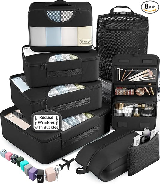Veken 10 Set/8 Set Packing Cubes for Travel Essentials, Suitcase Organizer Bags in 4 Sizes, Carry-On Luggage Accessories with Laundry Bag & Passport Holder, Airplane Must Have, Camp Gifts for Men