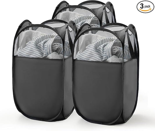 TECHMILLY Pop Up Foldable Laundry Basket, Mesh Laundry Hamper with Reinforced Handles for Dirty Clothes Storage in Dorm, Laundry Room, Bathroom, Black(Fabric), 3 Pack