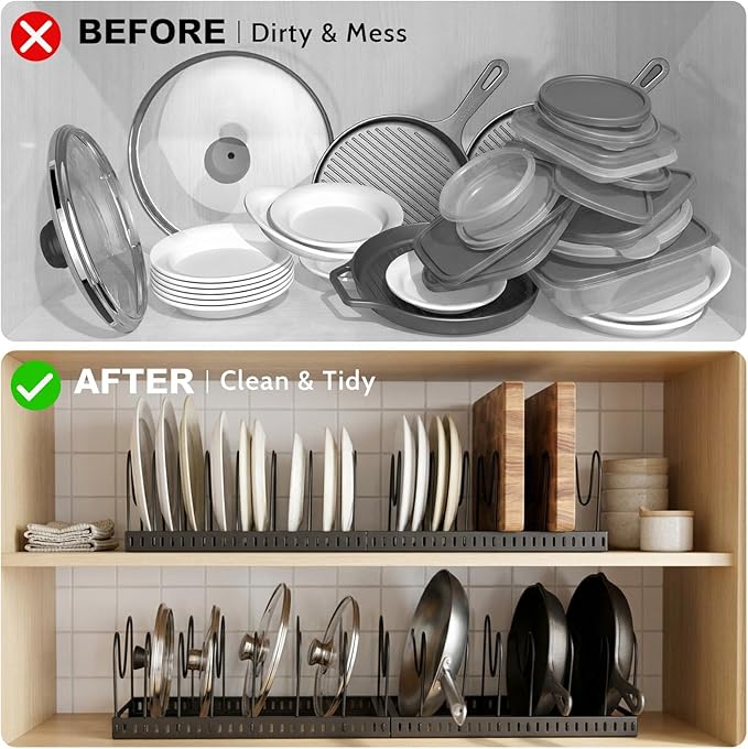 2PACK Expandable (12"-24") Pots and Pans Organizer Under Cabinet with 32 Adjustable Dividers for Kitchen, Pot Lid Organizers Inside Cabinet, Pan Lid Holder, Rust-Resistant Lid Storage, Easy to Clean