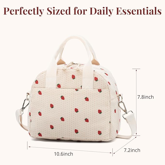 LOVELYWIND Crossbody Strawberry Lunch Bag for Women, Insulated Corduroy Tote with Adjustable Strap, Water Resistant Lunch Box for Work, Picnic, Travel or Beach, Beige Cream Reusable Lunch Box