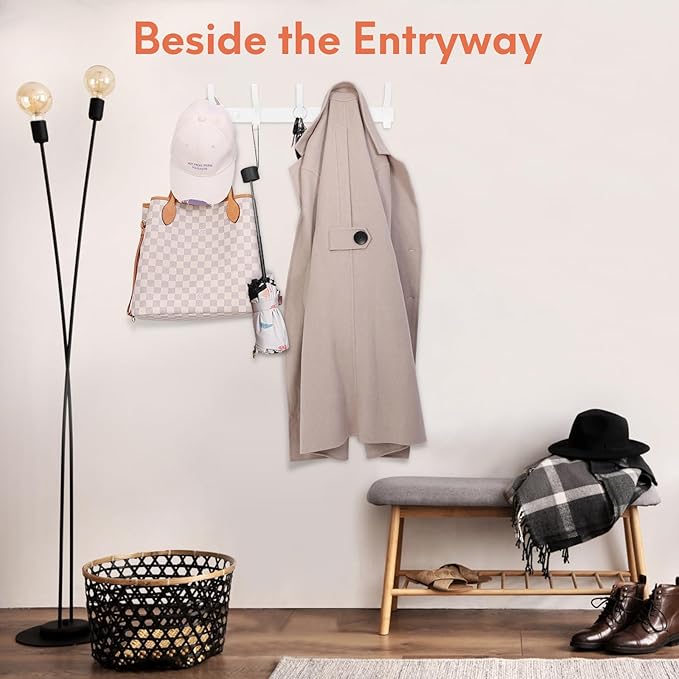 Optish Coat Rack Wall Mount, Coat Hook Wall Mount, Wall Hooks for Hanging, Hat Rack for Walls, Coats Hanger with 10 Hook, Towel Hooks for Bathrooms (1 Pack, White)