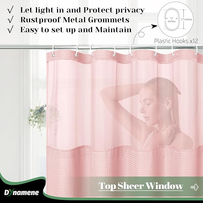 Dynamene 78 Inch Long Shower Curtain, Tall Waffle Fabric Shower Curtains for Bathroom, Hotel Waterproof Cloth Shower Curtain Liner Set with Hooks, Snap in Liner, Mesh Top Window, Pink, 72x78