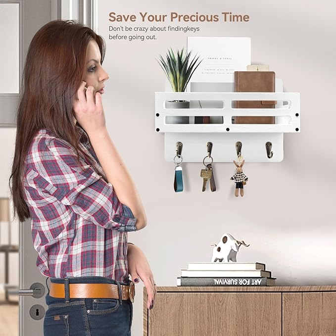 Key Holder Wall Mount Farmhouse Key Hooks for Wall with Mail Organizer Decorative Key Rack with 4 Sturdy Hooks for Dog Leash, Sunglasses, Rustic, Paulownia Key Hanger for Entryway