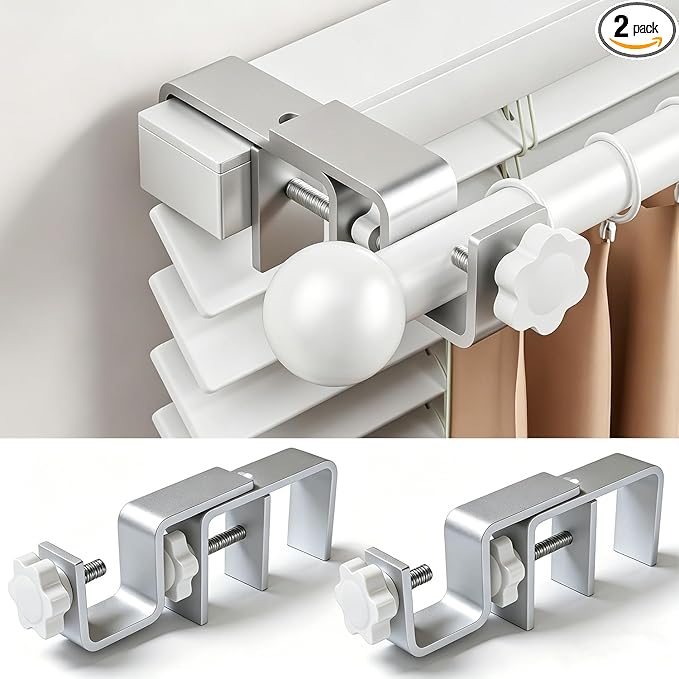 Mimiio No Drill Curtain Rod Brackets for Outside-Mount Blinds, Tool-Free Over-Blind Curtain Rod Holders, Fits 1-2" Rectangular Headrails, No Wall Damage, Renter Friendly Window Hardware, 2 Pack,Silver