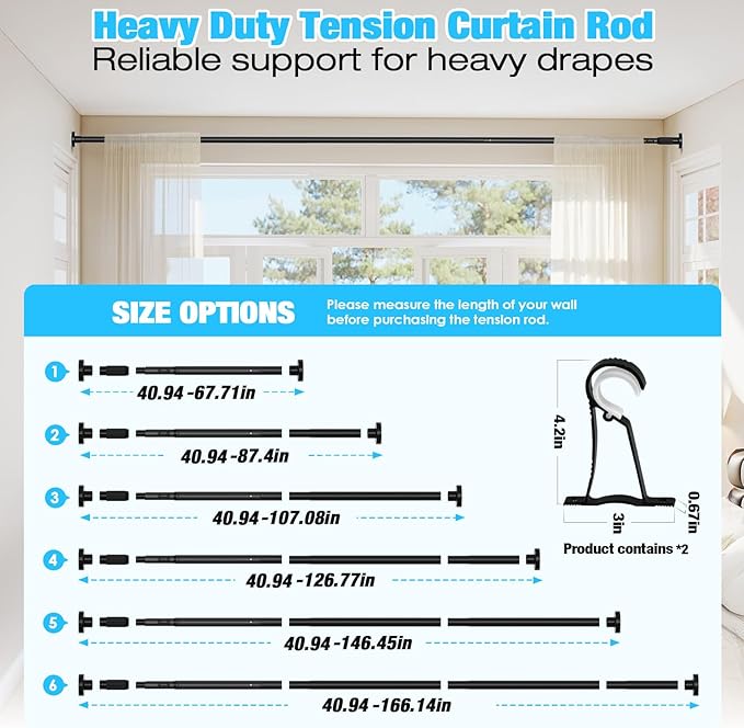 2 Pack Black Tension Curtain Rods for Windows 41-166 Inch Heavy Duty Tension Rod Adjustable Curtain Rods No Drilling for Bathroom Living Room Outdoor Patio Hold Up Blackout Curtains and Non Slip