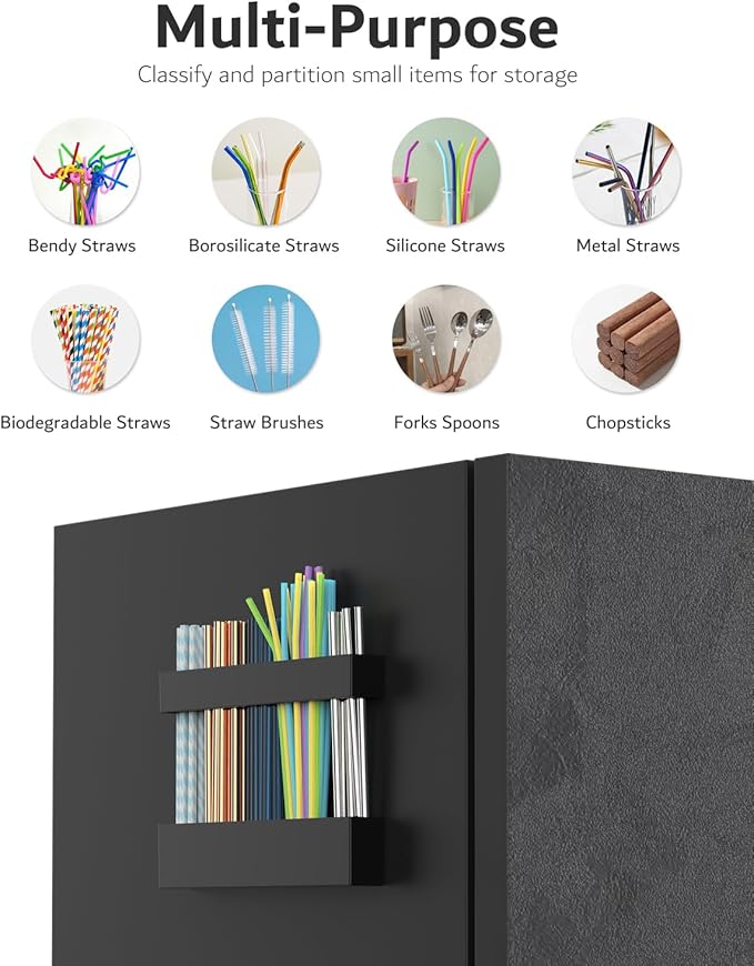 Magnetic Acrylic Straw Holder for Fridge - 5 Slot Sturdy Kitchen Organizer, Adhesive-Free Refrigerator Storage for Metal, Glass, Silicone Straws & Utensils (Black-Magnetic Type-5C)