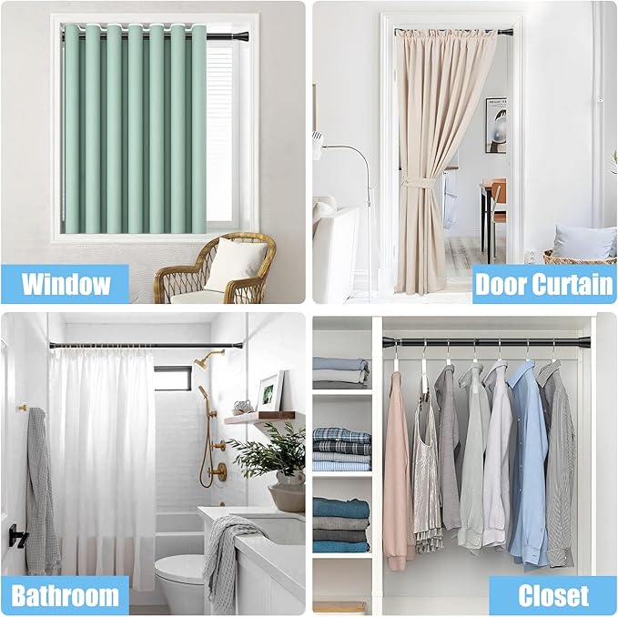 AIZESI 4PCS Black Shower Curtain Rod 30-64 Inch Adjustable Curtain Rods Never Rust & Non-Slip, No Drilling, Short Shower Rods Spring Tension Curtain Rod for Window Bathroom Doorway Closet