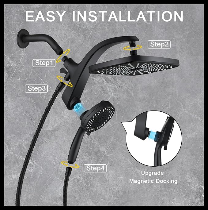 BOZYBO Rain Shower Head with Handheld: High Pressure Shower Heads with Handheld Spray Combo, 12" Rainfall Shower Head and 9 Sprays Hand Showerheads with Magnetic Docking and Power Jets, Black 1.8GPM