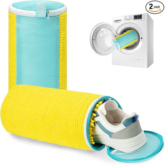 Shoe Washing Machine Bag 2-Pack with Invisible Zipper & Internal Scrubbing Bristles, Reusable Mesh Shoe Laundry Bag for Sneakers, Running & Athletic Shoes, Washer Protector & Noise Reduction