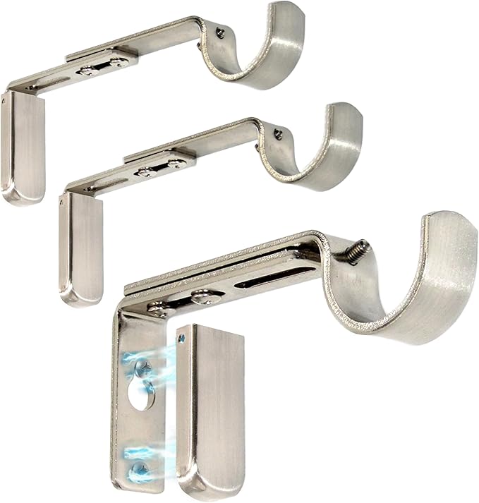 Adjustable Curtain Rod Brackets for Wall with Magnetic Cover, 5 inch Long Heavy Duty Curtain Rod Holders Extended Brackets, Window Hardware Holders Adjustable Mounting Support Brushed Nickel Set of 3